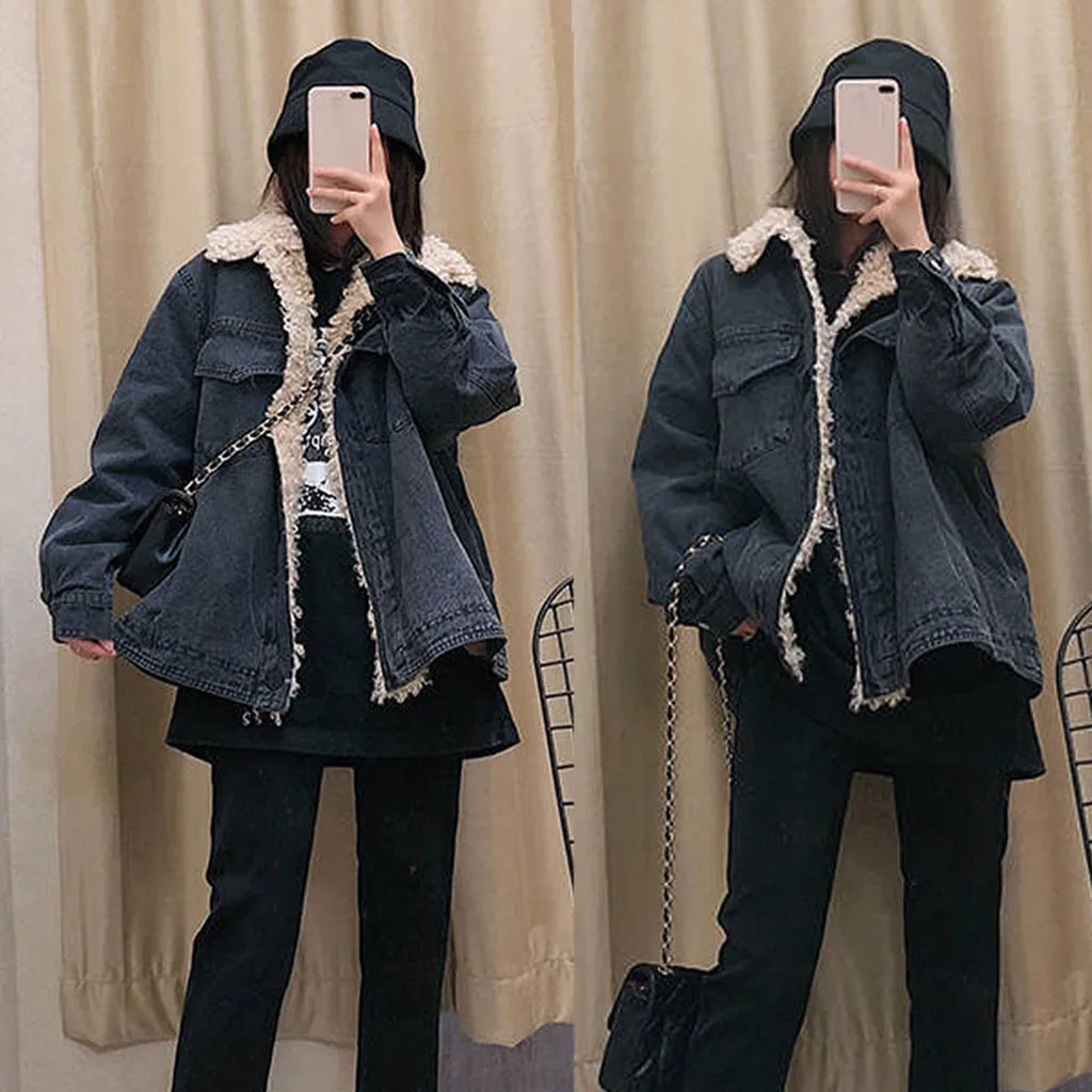 Womail Womens Coats Winter Turn Down Collar Thick Warm Long Denim Loose Cashmere Coat Outwear coat women Abrigo S-2XL