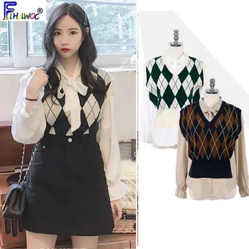 

Vest sweaters hot sales woman autumn winter basic sleeveless knit top plaid cute sweet outfits knitted pullover sweater 8209