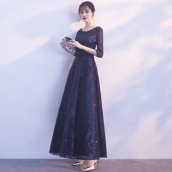 

Elegant Sequins Half Sleeve Evening Party Dress Women 2020 New Noble Cheongsam Round Collar Sexy Appliques De Soiree Qipao