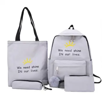 

4pcs Cute Lightweight Canvas Backpack Casual School Purse Daypack Bookbag Daypack Set for Teenagers Girls Student 517D