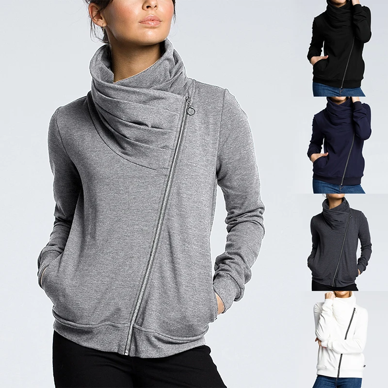 2019 Для женщин Демисезонный длинный рукав ассиметричная молния свитшот худи