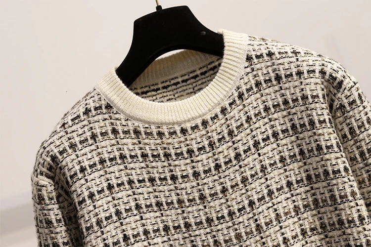 Осенний комплект размера плюс OL, клетчатый вязаный пуловер, свитер и юбка, комплекты, Женский комплект 2 шт., свитер, миди, юбки, комплект из двух предметов