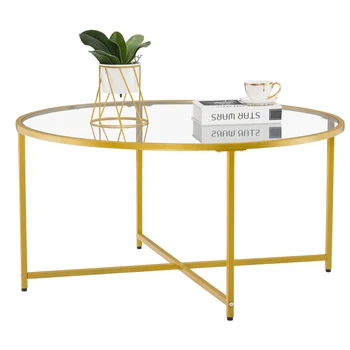 

[90 x 90 x 45]cm Simple Cross Foot Single Layer Round Edge Table Coffee Table Side Table 90 Round Gold