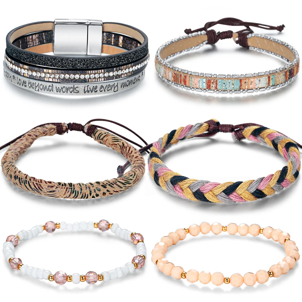 Винтажный Многослойный кожаный браслет модный плетеный ручной работы с бусинами