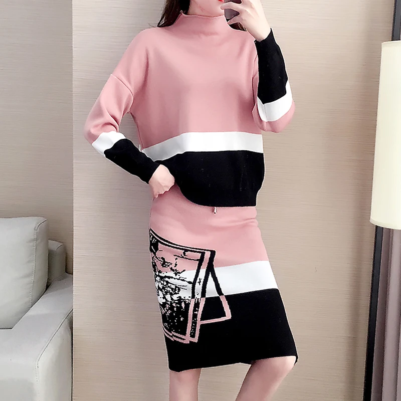 Розовый Ladies Autumn Knitted Sweaters 2 Piece Set Women's Vintage Hit Color Pullover Top+ Print Pencil Knit Skirt Two Piece Set Suit - Цвет: Розовый