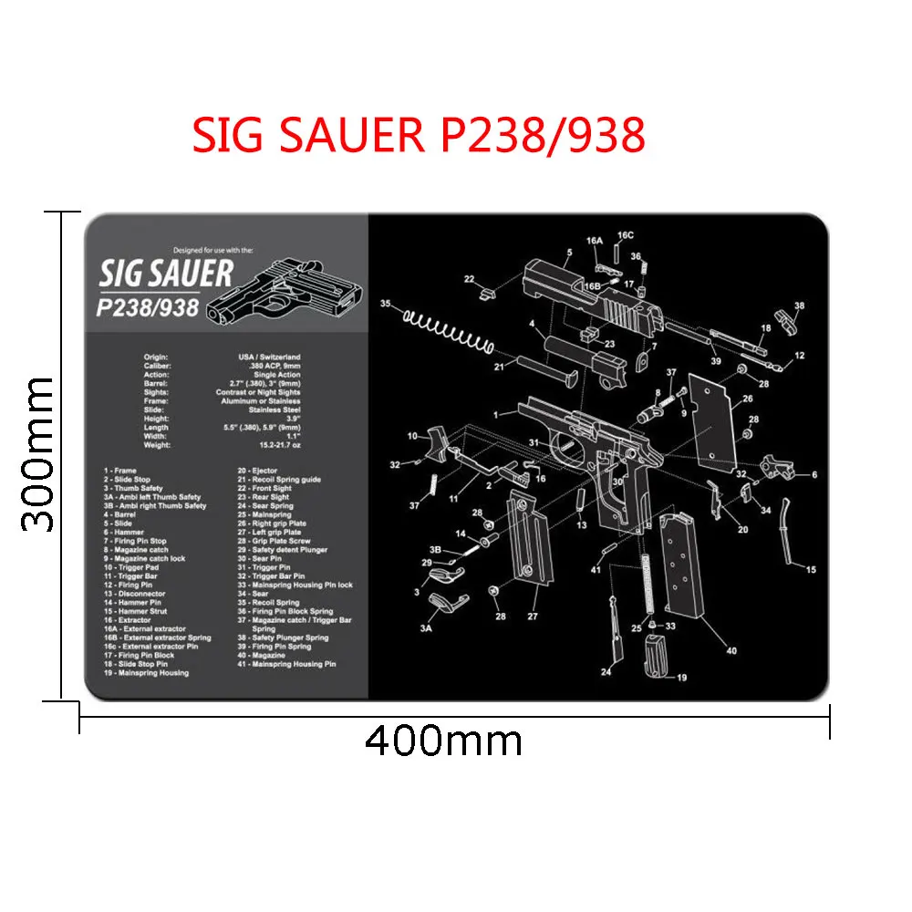 AR15 AK47 Glock чистящий резиновый коврик с схемой деталей и инструкциями оружейный коврик для мыши Smith Colt 1911 - Цвет: SIG SAUER P238 938