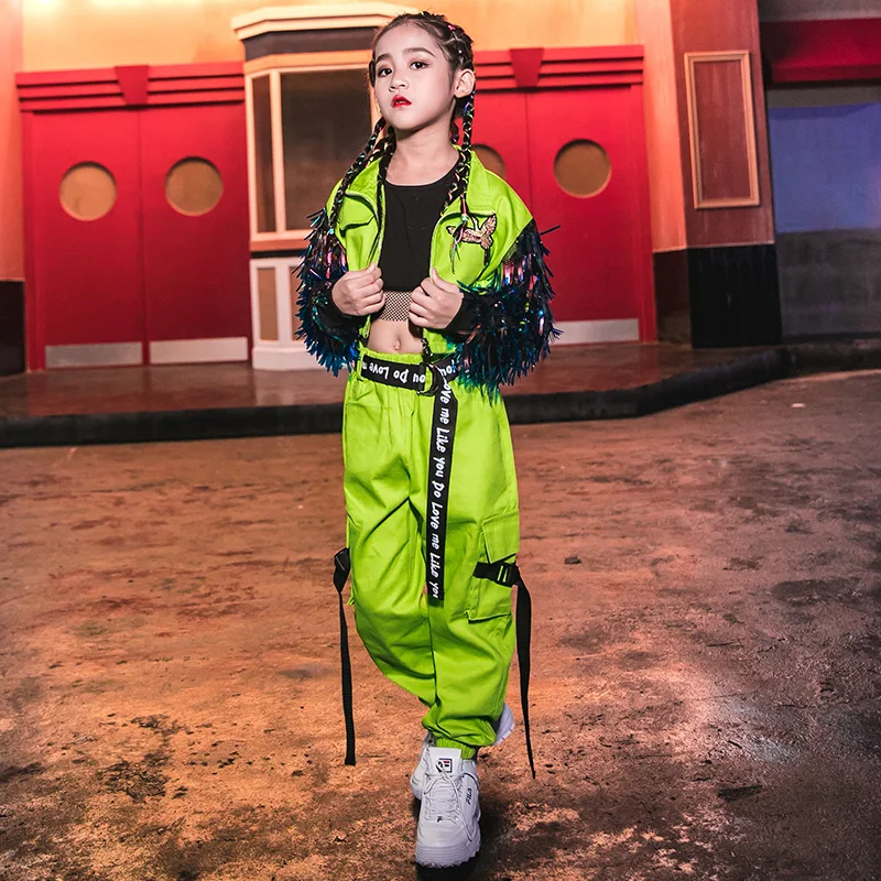 Hip-Hop-Dance-Costumes-Fluorescent-Green-Tassel-Coat-Girls-Jazz-Clothing-Children-Street-Dancing-Stage-Performance