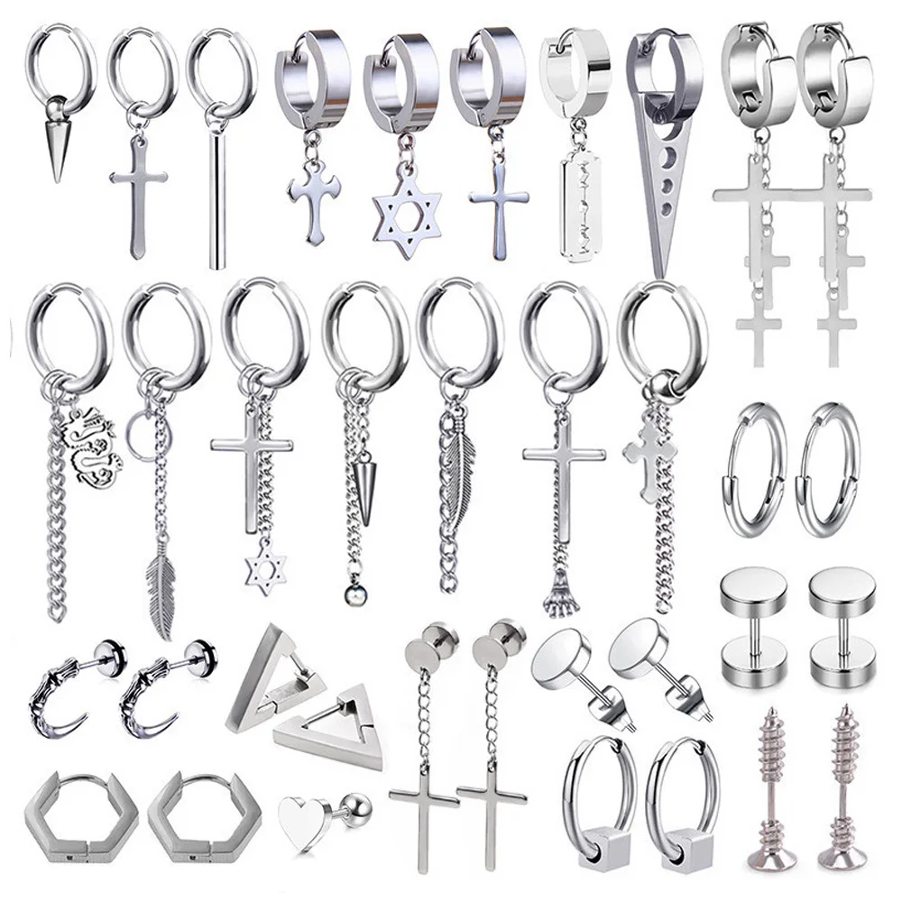 Cross with Hoop Charm Tassel Dangle Earrings for Men Women Stainless Steel Cross Dangle Hoop Earrings 
