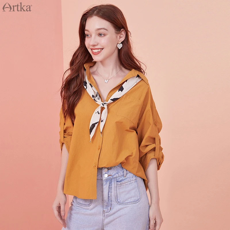 ARTKA 2020 Early Autumn New Women Blouses Fashion 4 Colors Pure Cotton Shirt Loose Casual Long Sleeve Shirts Free Gift SA25009Q