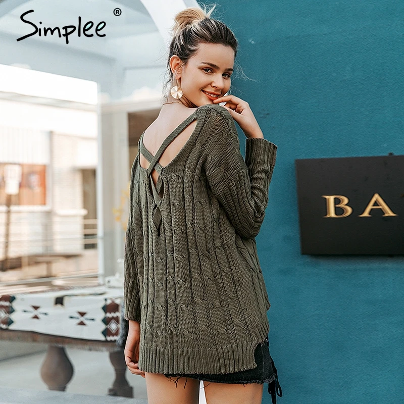 Beste Simplee Herfst cross top Backless gebreide trui vrouwen 2018Oversized winter knitwear Losse jumpers witte trui