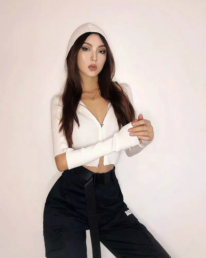 

Knitted Thin Hoodie Women's Long Sleeve Knitwear Sweatshirt Spring Fall Streetwear Hollow Sleeve Zipper Vertical Stripes Top