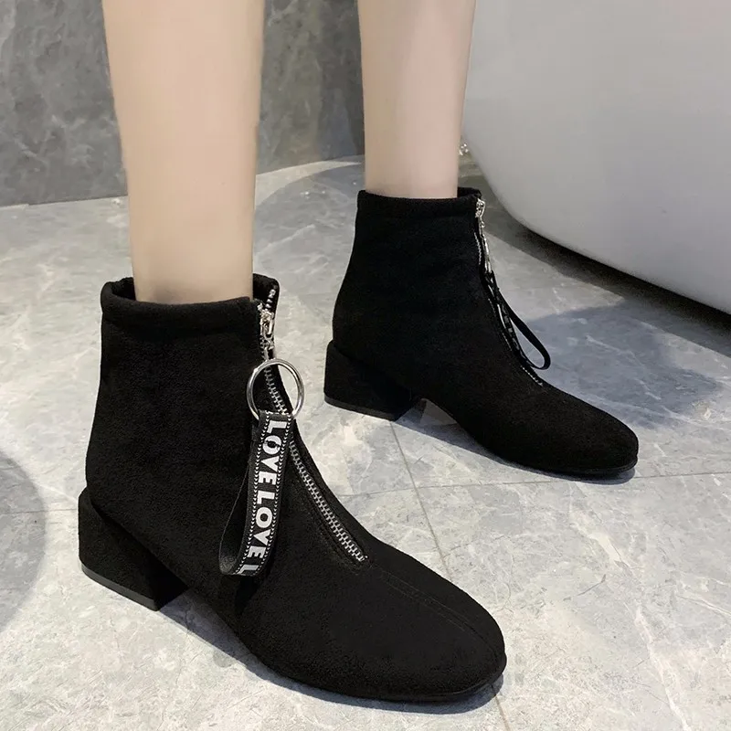 

Autumn And Winter New Style Chunky-Heel Mixed Colors Front Zipper Ankle Boots Retro Suede Martin Boots Women's Semi-high Heeled