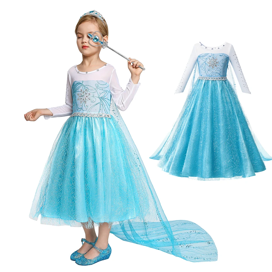 Платье принцессы Эльзы для девочек детское фатиновое платье с длинным рукавом
