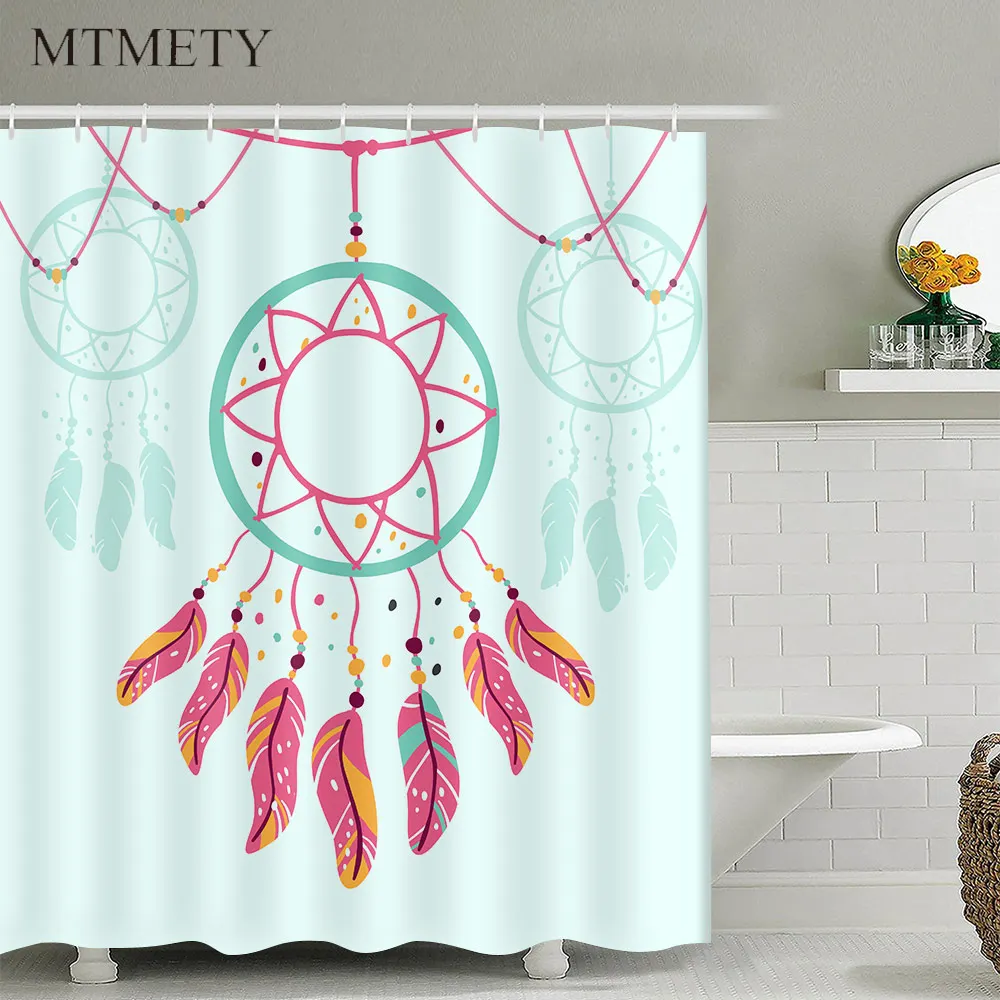 

MTMETY Mildewproof Bath Curtain for Bathroom Decoration Europe Dreamcatcher Feather Printed Shower Curtains with 12 Hooks