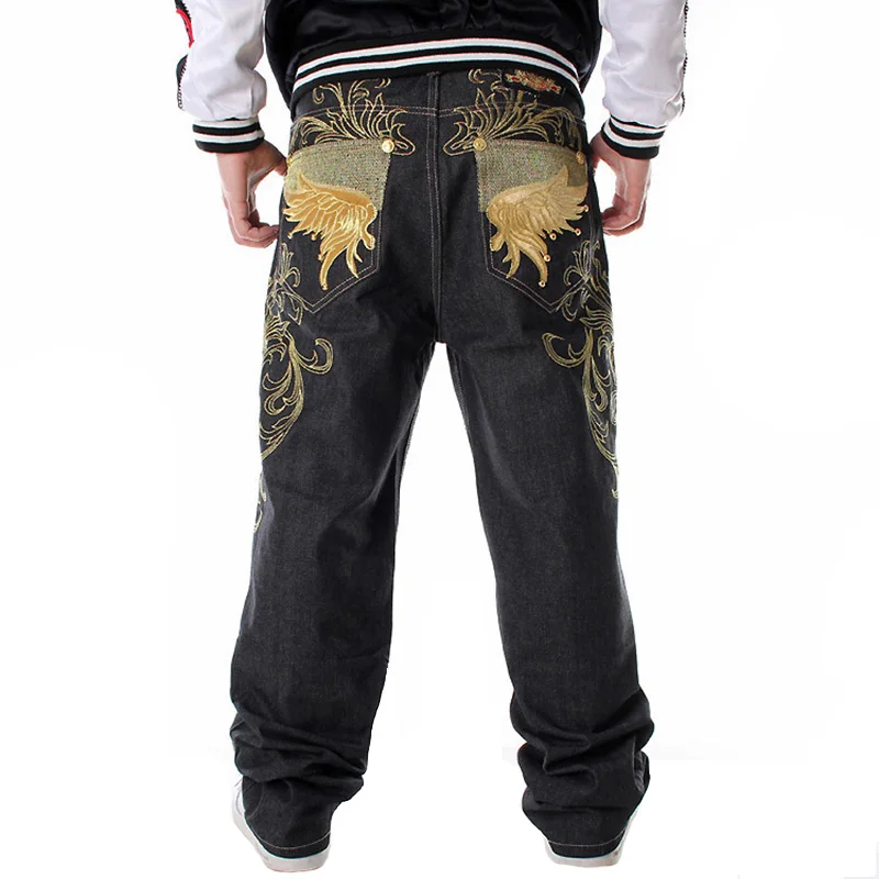 Nanaco Hombre Pantalones de pierna ancha moda bordado skater Hip Hop pantalones Denim Pantalones de gran tamaño 30-46