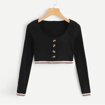 

New Fashion Autumn Winter Womens Knitted Sweater Long Sleeve Short Crop Top O Neck Slim Casual Cotton Knitwear Button Pullover
