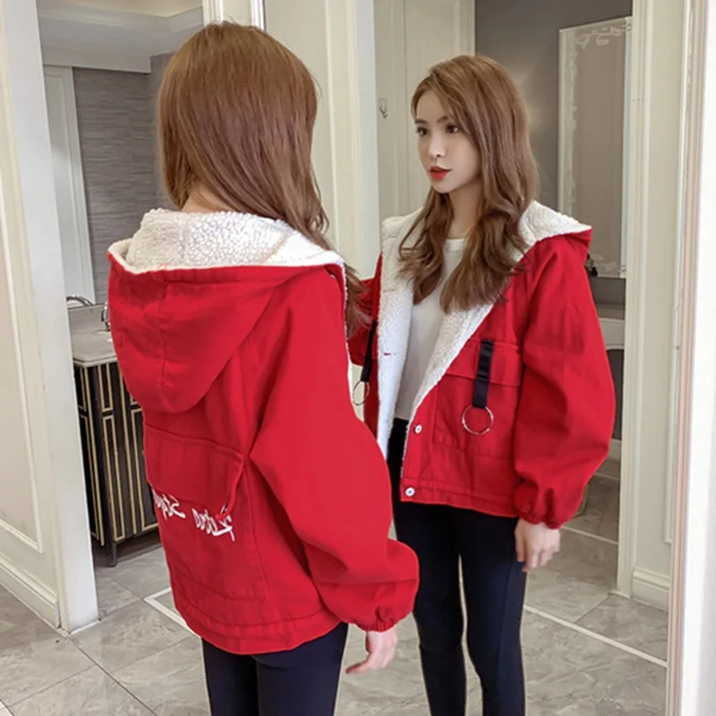 

2019 Winter New Style Korean-style WOMEN'S Wear Loose-Fit Brushed And Thick Lambs Wool Cowboy Cotton-padded Clothes Hooded Stude