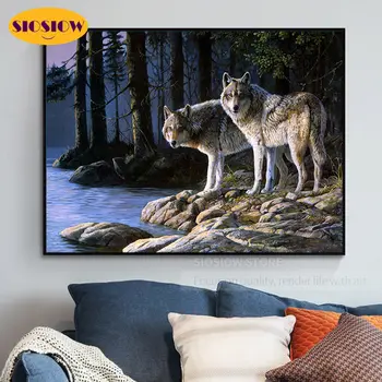 

SIOSIOW 5D DIY Diamond Painting Wolf Cross Stitch Full Square Round Wolves In Forest Daimond Mosaic Embroidery Animal Decor Room