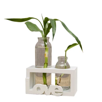

HOT SALE Nordic Wooden Crafts Creative 2 Holes Glass Hydroponic Vase Decoration Small Fresh Desktop Vase Home Garden Decoration