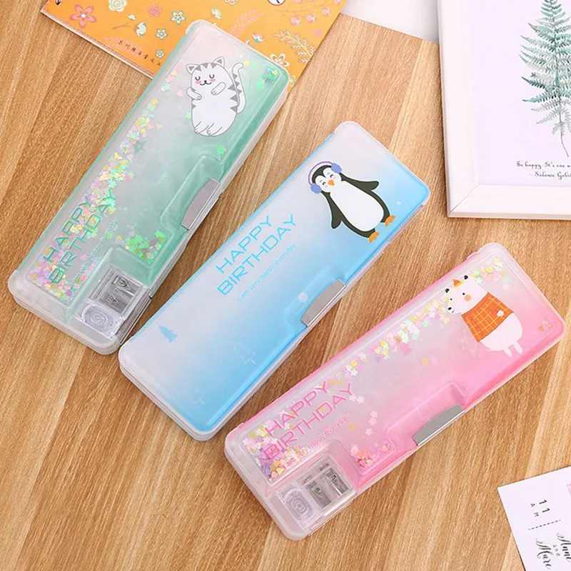 

Quicksand Translucent Creative Multifunction Cylindrical Pencil Box Case 2019 school Stationery Pen Holder Pink Blue calculator
