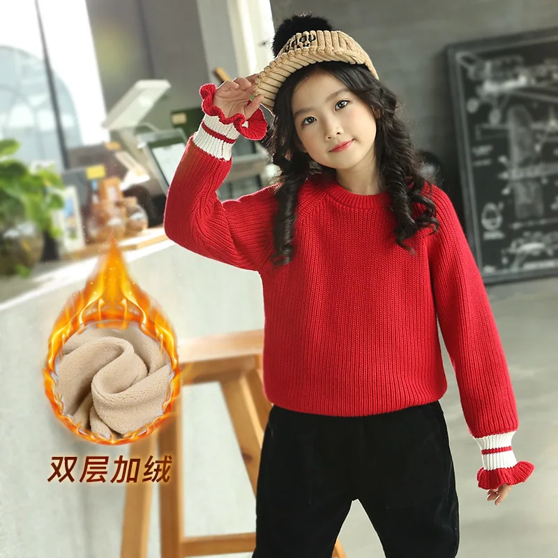 

El Monte GIRL'S Sweater 2019 Autumn And Winter New Style Children plus Velvet Sweater Big Boy Crew Neck Knitted Sweater
