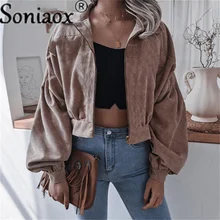 

Autumn Winter New Fashion Turn-Down Collar Womens Corduroy Jackets Coat Casual Solid Lantern Sleeve Zipper Lady Short Outerwear
