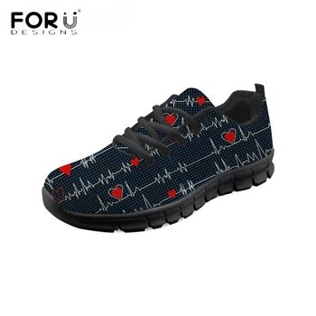 

FORUDESIGNS Electrocardiogram Nurse Heart Beat Pattern Woman Lace Up Sneakers Spring/Autumn Flats Shoes Breathable Shoes Women