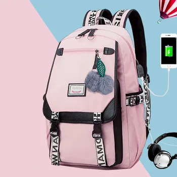 

New Female Fashion School Backpack USB School Bags For Girls Black Backpack Plush Ball Girl Schoolbag Butterfly Decoration