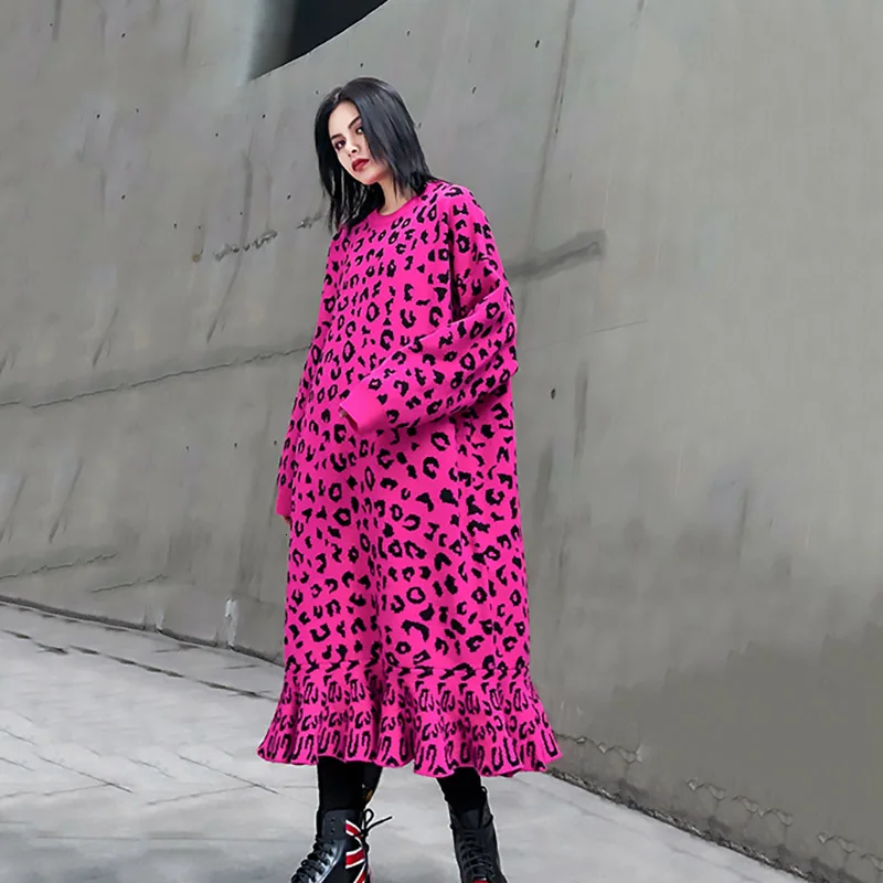 [EAM] женское трикотажное платье большого размера с леопардовым принтом и оборками, новинка, круглый вырез, длинный рукав, свободный крой, Мода весна-осень, 1K220