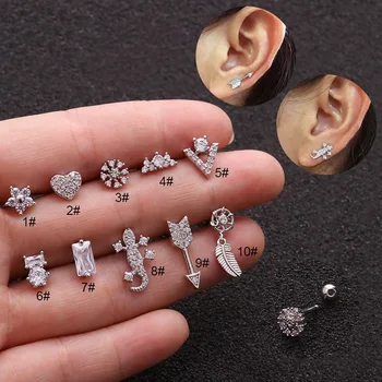 

1pc Stainless Steel Cz Cartilage Earrings Heart Plant Octopus Helix Jewelry Tragus Rook Conch Screw Back Stud Piercing Jewelry