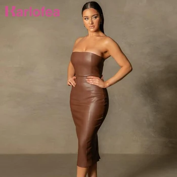 Karlofea Dresses For Women 2021 Brown Faux Leather PU Clothes Sexy Strapless Long Pencil Dress Party Outfits Nightclub Robe 1