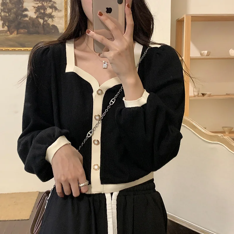 Neck T-shirt French Loose Contrast Color Aging Short Long Sleeve Top 2021 Early Autumn |