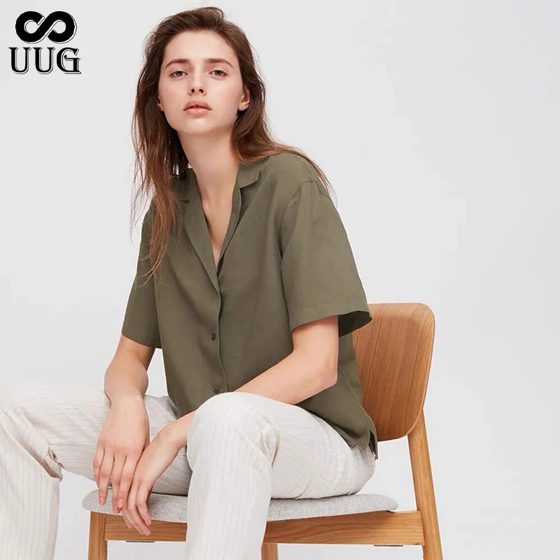 

UUG 2020 Women Summer Elegant Silk Blouse Shirt V-neck Half Sleeve Blouses Women Solid Soft Tops Casual Blusa Feminina Clothing