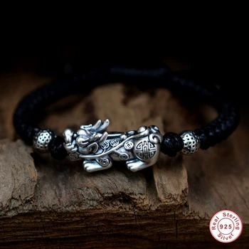 

999 Stelring Silver colour 3D Brave Troops Bracelets Men Pure Hand Woven Braided Red Rope Bracelets Multi Color Chinese Knots