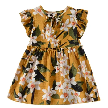 

Toddler Baby Dress Kids Girls Clothes Fly Sleeve Ribbons Ruched Floral Dress For Girl Summer Beach Party Princess Dresses