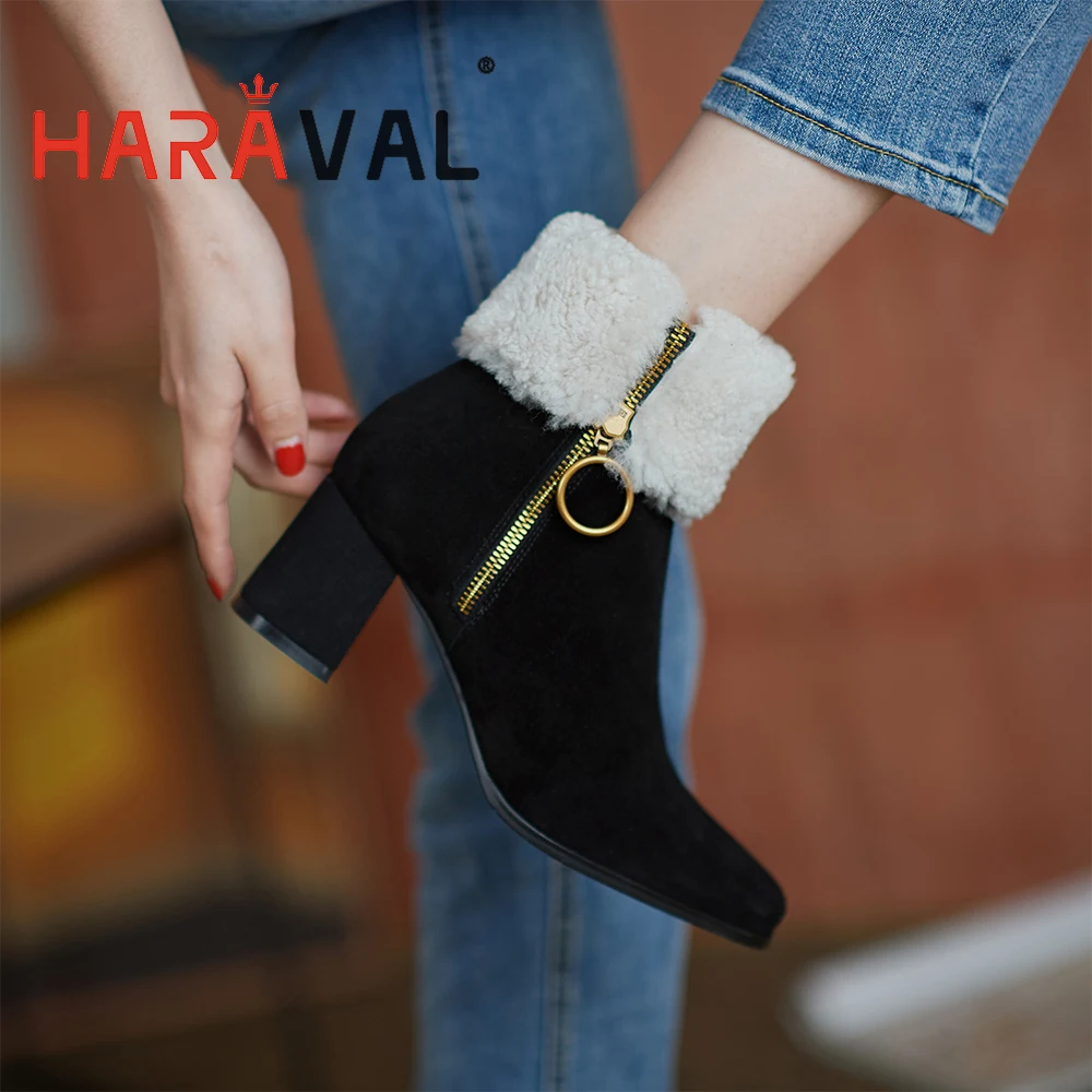 

HARAVAL 2020 Women Ankle Boots Winter Thick Bottom High Heel Snow Shoes Zipper Wool Fashion Elegant Lady Footwear Solid E154L