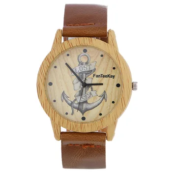 

Student Watches Wooden Ship's Anchor Creative Fashion Wristwatch Brown Leather Strap Watch Casual Female Clock Relogio Feminino