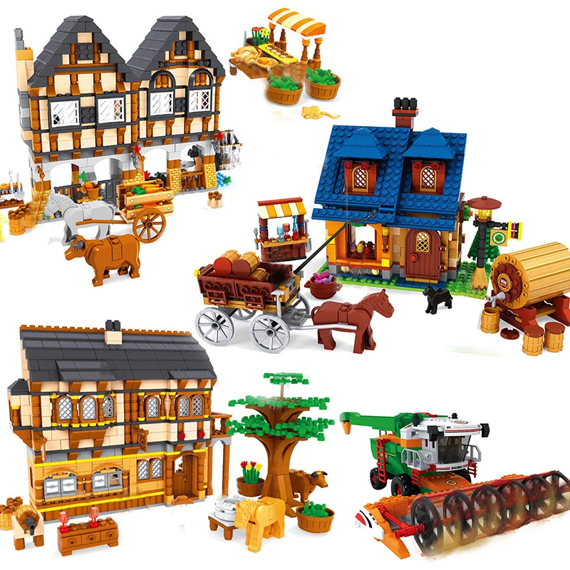 

Farm Harvester Compatible ed Village Market Horse Carriage Farmer Figures Cow Animals Architecture Buildings Blocks set Toys