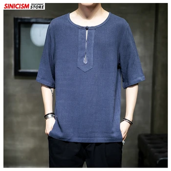 

Sinicism Store 2020 Men Solid Linen Casual TShirts Men's Plus Size Summer Tees Loose TShirts Male Vintage Chinese Style Clothing