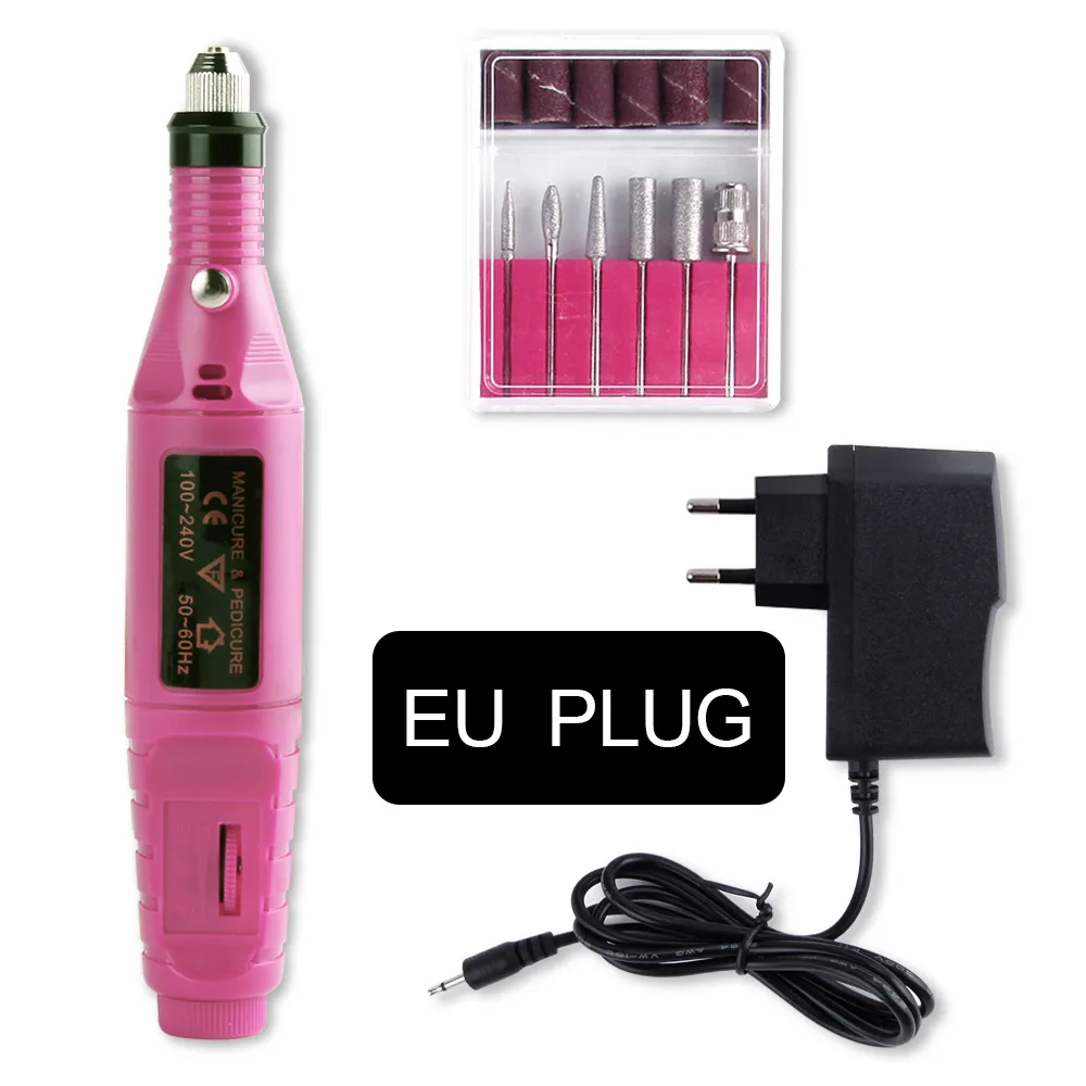 pink eu plug 1 набор мощности для профессионального аппаратного маникюра ручка педикюр пилка для ногтей 6 Бит Сверло для ногтей Полировка для удаления керамических резцов инструменты - Цвет: pink eu plug