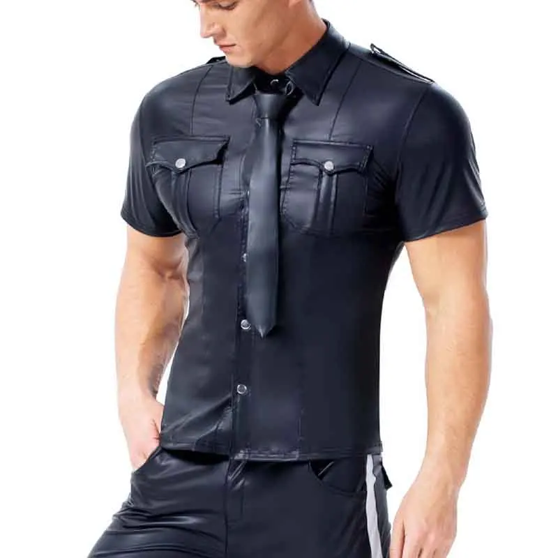 Men's Shirts PU Leather Short Sleeve Slim Fit Tshirts Male Dance Stage Clubwear T-shirt Men Gothic Streetwear Tops Tee Plus Size (3)