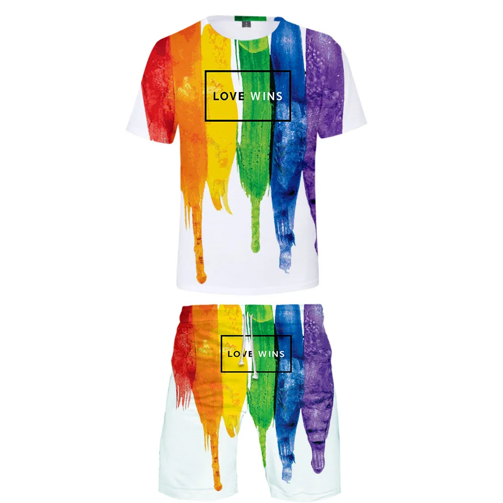 

LGBT Flag Pride Rainbow Flag set Print Men's Tshirt Set Summer Short Sleeve tshirt+Shorts sets Trendy Streetwear Love Wins shirt