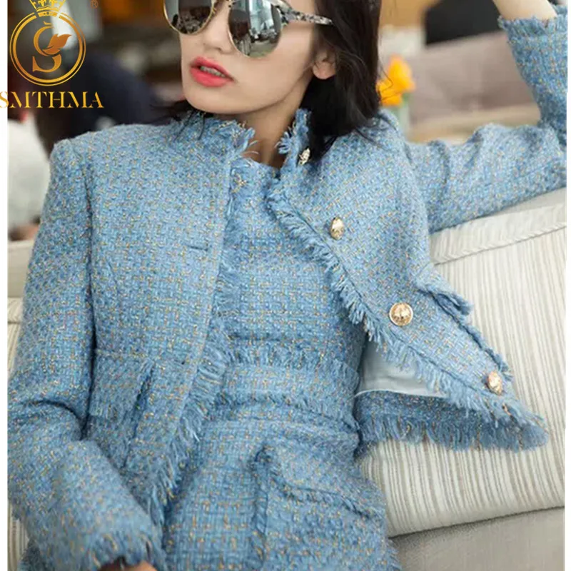 

SMTHMA 2019 New arrival fashion Women's Blue and pink Tweed Jacket Coat + Two Pieces Sleeveless Tassel Dress Sets