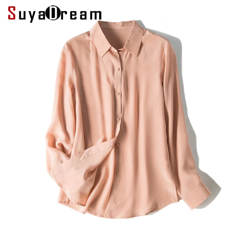 SuyaDream Women Plain Silk Blouses 100%Silk Crepe Office Lady Turn Down Collar Long Sleeved Blouse 