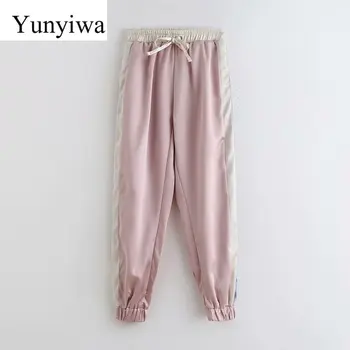 

Women Color Matching Shinny Casual Straight Pants Autumn Ladies Side Striped Pocket Elastic Waist Chic Leisure Trousers
