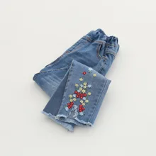 Джинсы для девочек; детская одежда в Корейском стиле; коллекция года; стиль; Чистый хлопок; вышивка; цветы; для малышей; сезон весна-осень