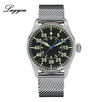 

Lugyou San Martin Mechanical Pilot Flieger Men Watch Stainless steel Skeleton Back Waterproof Blue Hands Super Luminous Leather