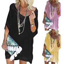 

Women's Bikini Cover-Up Dress Solid Color Hollow Beachwear V Neck Short Sleeve Crochet Dress for Summer
