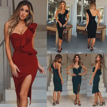 

Women's Fashion One Shoulder Solid Color Bandage Bodycon Sleeveless Evening Party Cocktail Club Short Mini Dress