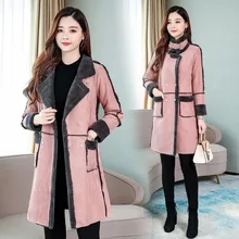 Зимняя длинная замшевая кожаная женская куртка, большие размеры, женская розовая замшевая куртка с искусственным мехом, Женская куртка, большая женская ветровка